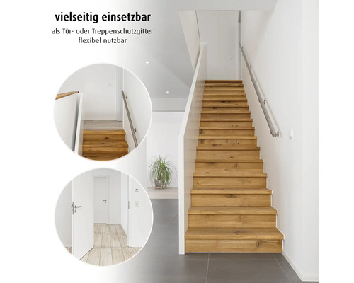 Vielseitig einsetzbares Tür- oder Treppenschutzgitter für Wohnbereiche mit Treppen und Türen.