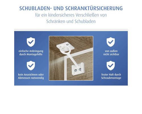 Schubladen- und Schranktürsicherung aus Kunststoff für kindersicheres Verschließen, unsichtbare Schraubmontage an der Innenseite von Möbeln.