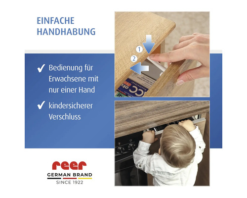 Kindersicherung für Schubladen von Reer, einfache einhändige Bedienung für Erwachsene und kindersicherer Verschluss, Reer Logo.