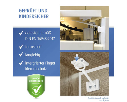 Infografik zur reer Schranksicherung mit integriertem Fingerklemmschutz, geprüft nach DIN EN 16948:2017, formstabil und langlebig.