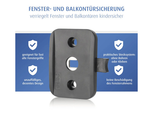 Kindersicherung für Fenster- und Balkontürgriffe von reer, Stecksystem ohne Bohren oder Kleben, passend für fast alle Fenstergriffe.