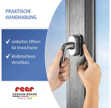 Fenstersicherung von reer mit Kinderschutz am Fenstergriff, einfache Entriegelung für Erwachsene.