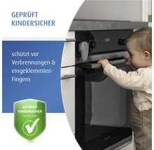 Backofensicherung für Kinder am Backofen installiert, schützt Kleinkinder vor Verbrennungen und eingeklemmten Fingern, geprüft kindersicher.