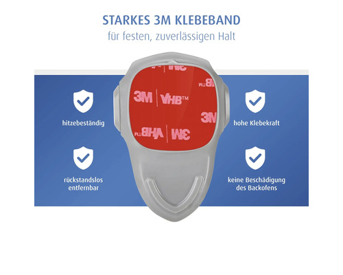 Backofensicherung mit starkem 3M Klebeband, hitzebeständig, hohe Klebekraft, rückstandslos entfernbar, 3M Logo.