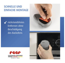 reer Backofenschutz, einfache Montage durch Kleben und rückstandsfreie Entfernung ohne Beschädigung des Backofens, reer Logo.