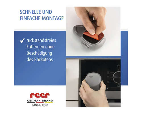 reer Backofenschutz, einfache Montage durch Kleben und rückstandsfreie Entfernung ohne Beschädigung des Backofens, reer Logo.