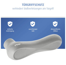 Reer Türgriffschutz aus grauem Silikon zur Vermeidung von Stoßverletzungen, einfache Anbringung, zuverlässiger Halt und abwaschbar.