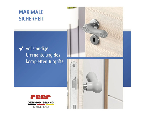 reer Türgriff-Schutz aus Silikon zur vollständigen Ummantelung für maximale Sicherheit und Stoßschutz an Türen. reer Logo.