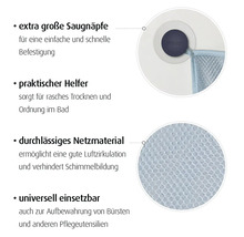 Badezimmer-Aufbewahrungsnetz mit extra großen Saugnäpfen und durchlässigem Netzmaterial für gute Luftzirkulation.