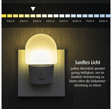 reer Nachtlicht in einer Steckdose mit reer Logo, warmweißem Licht und einer Farbtemperaturskala bei circa 2700 Kelvin.