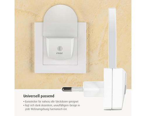 Reer Nachtlicht für Steckdosen mit Eurostecker, Frontansicht eingesteckt und Seitenansicht, weißer Kunststoff.
