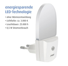 Reer LED-Nachtlicht für Steckdosen, energiesparend, ohne Wärmeentwicklung, Lichtfarbe circa 3000 Kelvin, Leuchtdauer 25000 Stunden, 0,5 Watt Verbrauch.