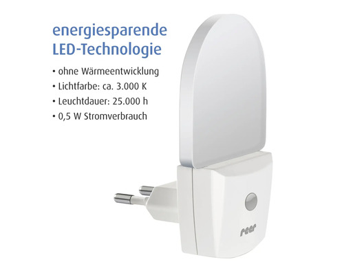 Reer LED-Nachtlicht für Steckdosen, energiesparend, ohne Wärmeentwicklung, Lichtfarbe circa 3000 Kelvin, Leuchtdauer 25000 Stunden, 0,5 Watt Verbrauch.