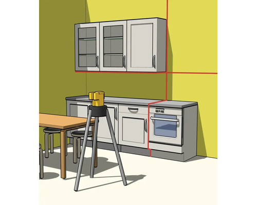 Kreuzlinienlaser auf Stativ zur Ausrichtung von Küchenschränken mit projizierten roten Laserlinien an der Wand.