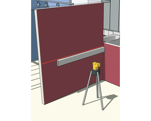 Kreuzlinienlaser auf Stativ projiziert eine horizontale Linie an eine Wand zur Ausrichtung eines Metallprofils beim Bau.