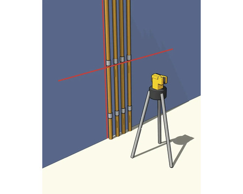 Kreuzlinienlaser auf Stativ projiziert rote Laserlinien zur Ausrichtung von vertikalen Rohren an einer Wand.