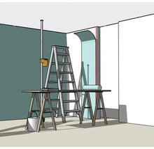 Illustration einer Raumrenovierung mit Leiter, Arbeitstisch und einem Laser, der eine vertikale Linie zum Tapezieren an die Wand projiziert.