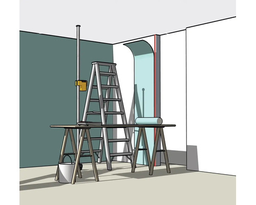 Illustration einer Raumrenovierung mit Leiter, Arbeitstisch und einem Laser, der eine vertikale Linie zum Tapezieren an die Wand projiziert.