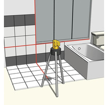Kreuzlinienlaser auf Stativ im Badezimmer zur horizontalen und vertikalen Ausrichtung von Wandfliesen und Bodenfliesen.
