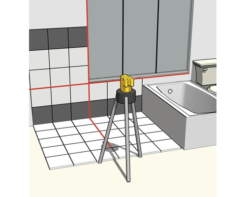 Kreuzlinienlaser auf Stativ im Badezimmer zur horizontalen und vertikalen Ausrichtung von Wandfliesen und Bodenfliesen.