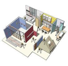 3D-Diagramm eines Hausbaus mit mehreren Linienlasern auf Stativen, die rote Ausrichtungslinien in verschiedenen Räumen projizieren.