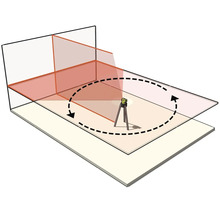 Kreuzlinienlaser auf Stativ mit 360 Grad horizontaler und vertikaler Laserprojektion im Raum.