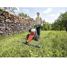 Ein Mann bedient einen agria Balkenmäher auf einer hellen Wiese mit hohem Gras vor einem Holzstapel in einem Garten.