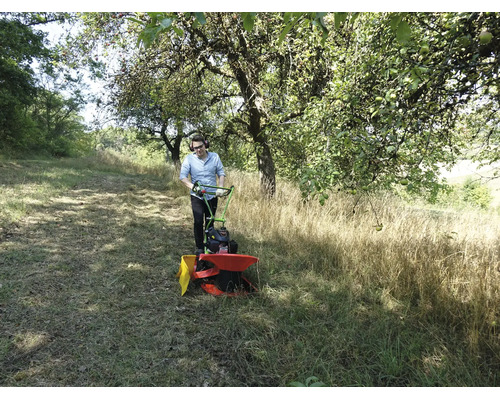 Ein Mann mäht mit einem Kreiselmäher hohes Gras auf einer Wiese unter Obstbäumen.