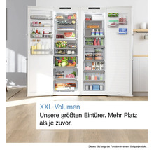 Helle, organisierte Ansicht einer geöffneten Kühl-Gefrier-Kombination mit XXL-Volumen und vielen Lebensmitteln auf Glasablagen.