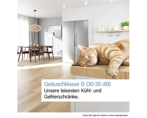 Moderne helle Küche mit silbernem Side-by-Side Kühlschrank und schlafender Katze als Symbol für die leise Geräuschklasse B von 30 bis 35 Dezibel.