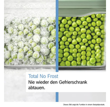 Vergleich von gefrorenen Erbsen mit und ohne Eisbildung zur Darstellung der Total No Frost Technologie im Gefrierschrank.