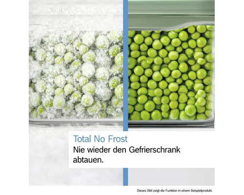 Vergleich von gefrorenen Erbsen mit und ohne Eisbildung zur Darstellung der Total No Frost Technologie im Gefrierschrank.