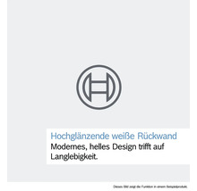 Bosch Logo. Hochglänzende weiße Rückwand. Modernes und langlebiges Design.