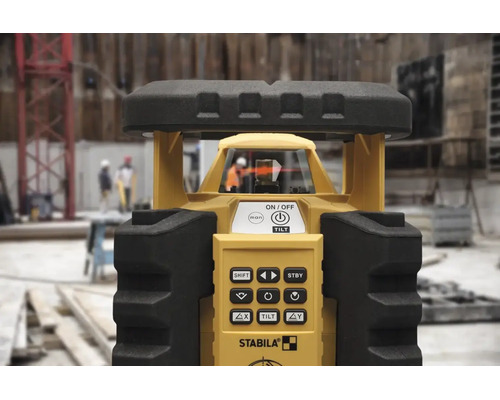 Stabila Rotationslaser auf einer Baustelle mit Bedienfeld und Laserkopf.