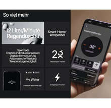 Infografik smarte Regendusche, 12 Liter pro Minute, Smart-Home-Anbindung, App-Steuerung bei 38 Grad, App Store Logo und Google Play Logo.
