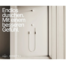 Minimalistisches Duschsystem mit Kopfbrause, Handbrause und kreisförmigem Thermostat. Orbital Logo.