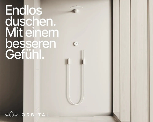 Minimalistisches Duschsystem mit Kopfbrause, Handbrause und kreisförmigem Thermostat. Orbital Logo.