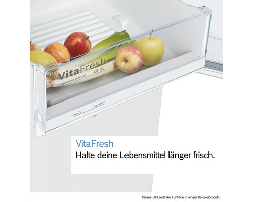 VitaFresh Kühlschublade für Obst und Gemüse mit Äpfeln und Lauch zur längeren Frischehaltung.