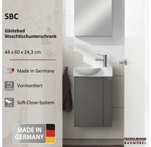 SBC Gästebad Waschtischunterschrank, grau mit weißem Waschbecken, 44 mal 60 mal 24,3 Zentimeter, vormontiert, Soft-Close, Fackelmann Logo.