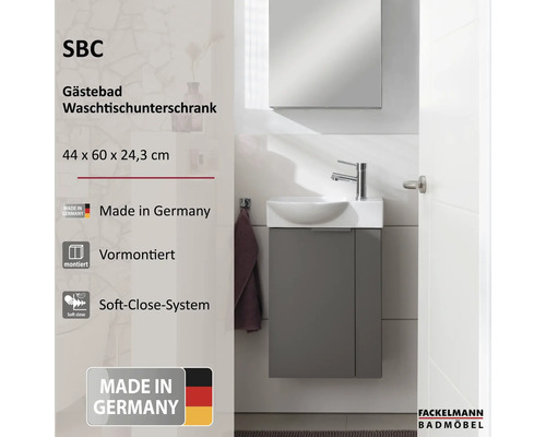 SBC Gästebad Waschtischunterschrank, grau mit weißem Waschbecken, 44 mal 60 mal 24,3 Zentimeter, vormontiert, Soft-Close, Fackelmann Logo.