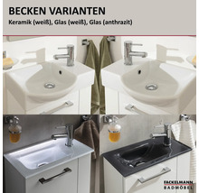 Waschbecken-Varianten für Badmöbel aus Keramik und Glas in Weiß und Anthrazit mit Armaturen, Unterschränken und Fackelmann Badmöbel Logo.