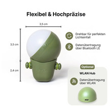 FYTA Beam Pflanzensensor, Maße 3,5 Zentimeter mal 3,5 Zentimeter plus 2,4 Zentimeter, drehbar, Bluetooth LE und optionaler WLAN Hub.