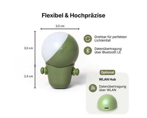 FYTA Beam Pflanzensensor, Maße 3,5 Zentimeter mal 3,5 Zentimeter plus 2,4 Zentimeter, drehbar, Bluetooth LE und optionaler WLAN Hub.
