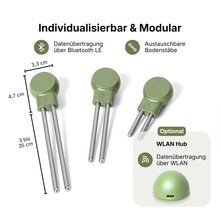 Modularer Pflanzensensor mit Bluetooth-Datenübertragung, austauschbaren Bodenstäben von 3 bis 35 Zentimeter und optionalem WLAN-Hub.