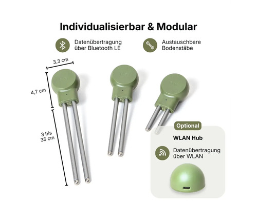 Modularer Pflanzensensor mit Bluetooth-Datenübertragung, austauschbaren Bodenstäben von 3 bis 35 Zentimeter und optionalem WLAN-Hub.