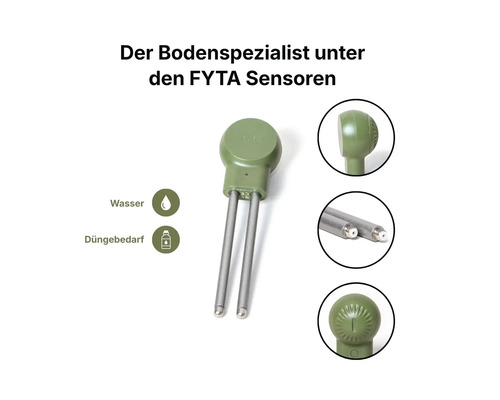 Grüner FYTA Bodensensor zur Messung von Wassergehalt und Düngebedarf mit zwei langen Metallsonden.