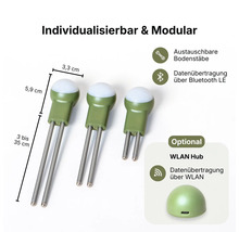 Modularer Pflanzen-Sensor mit austauschbaren Bodenstäben von 3 bis 35 Zentimeter, Bluetooth LE, optionalem WLAN-Hub. Breite 3,3, Höhe 5,9 Zentimeter.