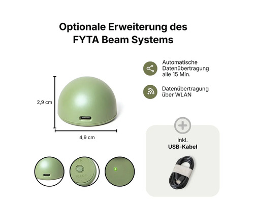 FYTA Hub zur Erweiterung des FYTA Beam Systems, WLAN-Datenübertragung alle 15 Minuten, inklusive USB-Kabel, Maße 2,9 mal 4,9 Zentimeter.