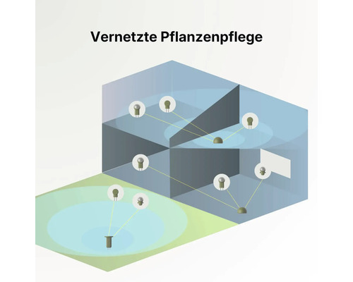 Infografik zur vernetzten Pflanzenpflege mit Darstellung von Sensoren in verschiedenen Wohnbereichen und im Garten.