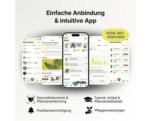 App-Oberfläche für Pflanzenpflege mit Pflanzenerkennung, Pflegeanleitungen, Push-Benachrichtigungen und ohne Abonnement-Gebühren.